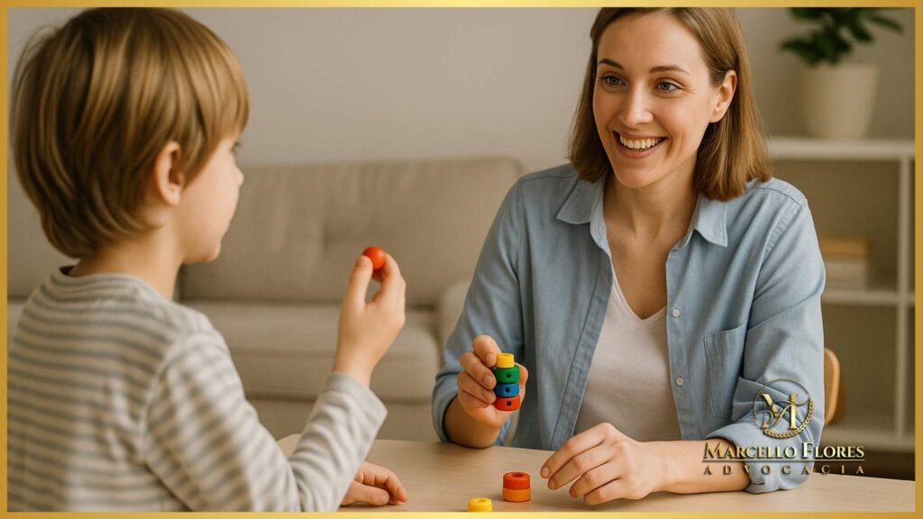 criança em sessão de terapia ABA com terapeuta, ambiente acolhedor