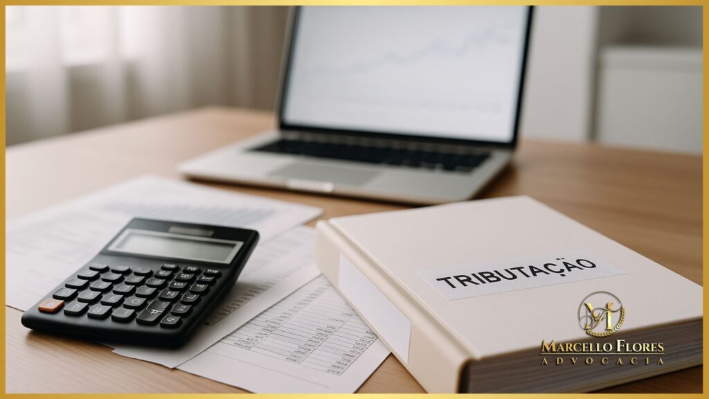 Documentos fiscais, calculadora e laptop representando gestão tributária em clínicas.