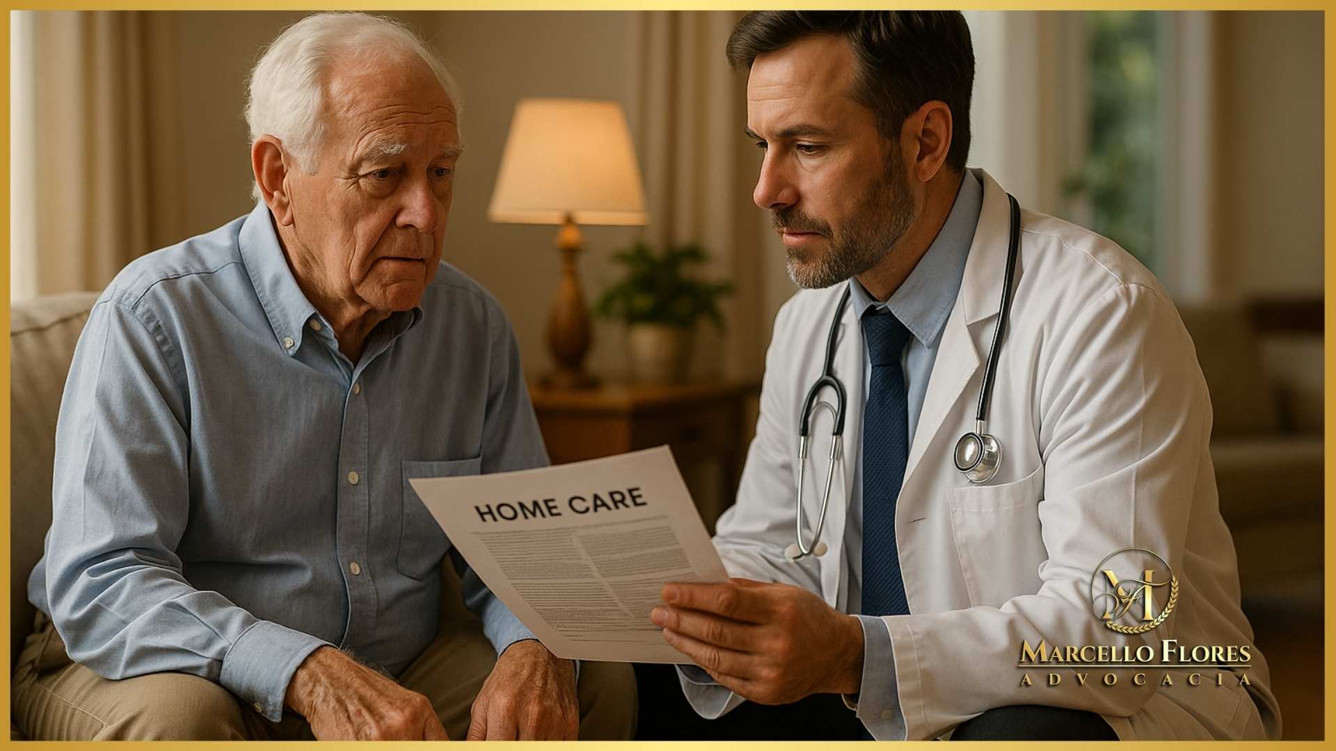 paciente idoso em casa e médico segurando relatório de home care