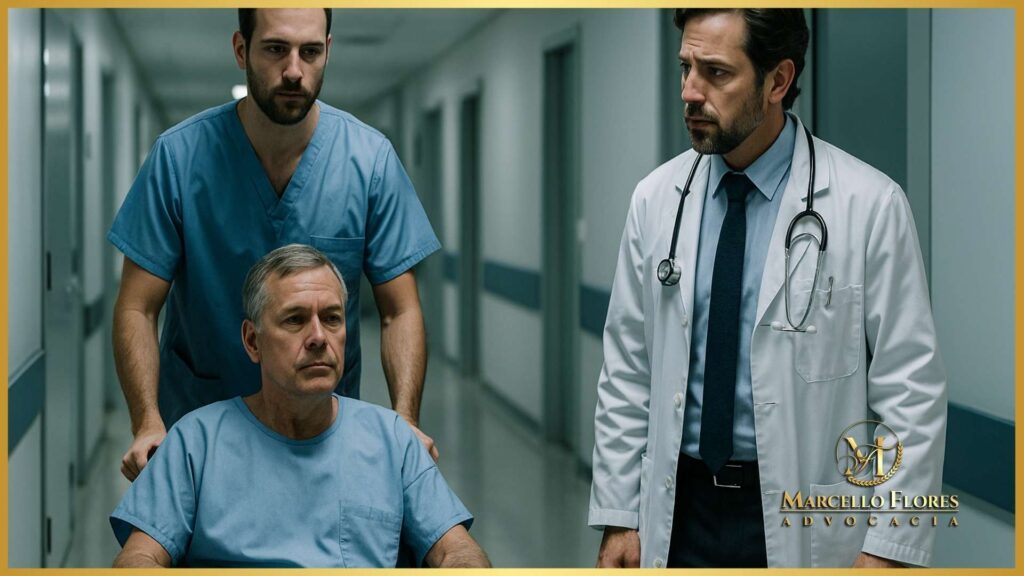 paciente em cadeira de rodas sendo transferido para outro hospital contra vontade médica